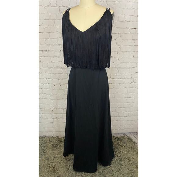 Vintage Fringe 70s Black Polyester Maxi Dress Medium - Picture 1 of 4
